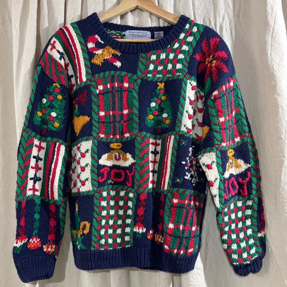 Vintage Signatures Northern Isles Christmas Sweater Hand‎ Knit Patchwork Joy L